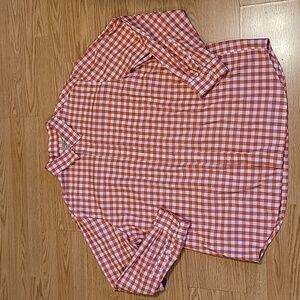 LL Bean Cotton Shirt Men"s Orange White Check Long Sleeve Button Down Sz XL